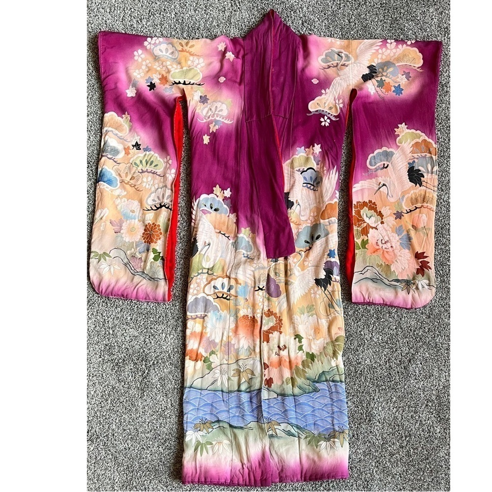 Vintage Padded Silk Kimono, 1940s Custom Made Embroidered Floor Length Kimono